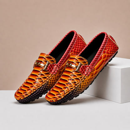 Men's Genuine Leather Embossed Slip-On Loafers in Red – side view | Hensley London