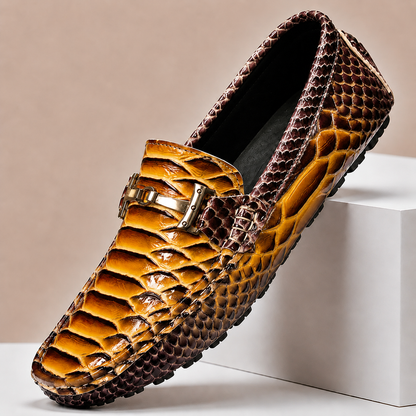 Men's Genuine Leather Embossed Slip-On Loafers in Brown – side view | Hensley London