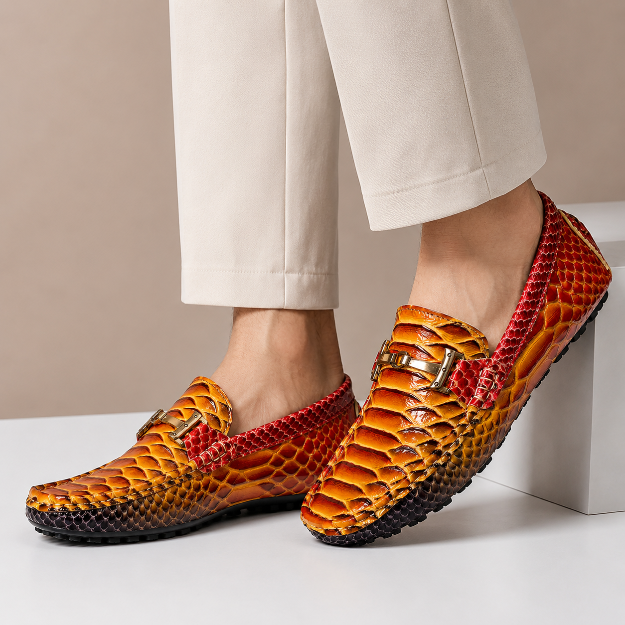Men's Genuine Leather Embossed Slip-On Loafers in Red – detail view | Hensley London