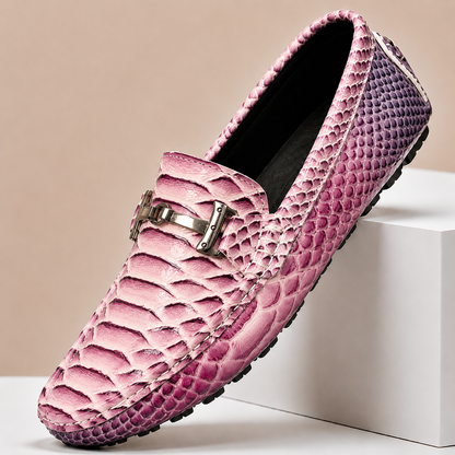 Men's Genuine Leather Embossed Slip-On Loafers in Pink – front view | Hensley London