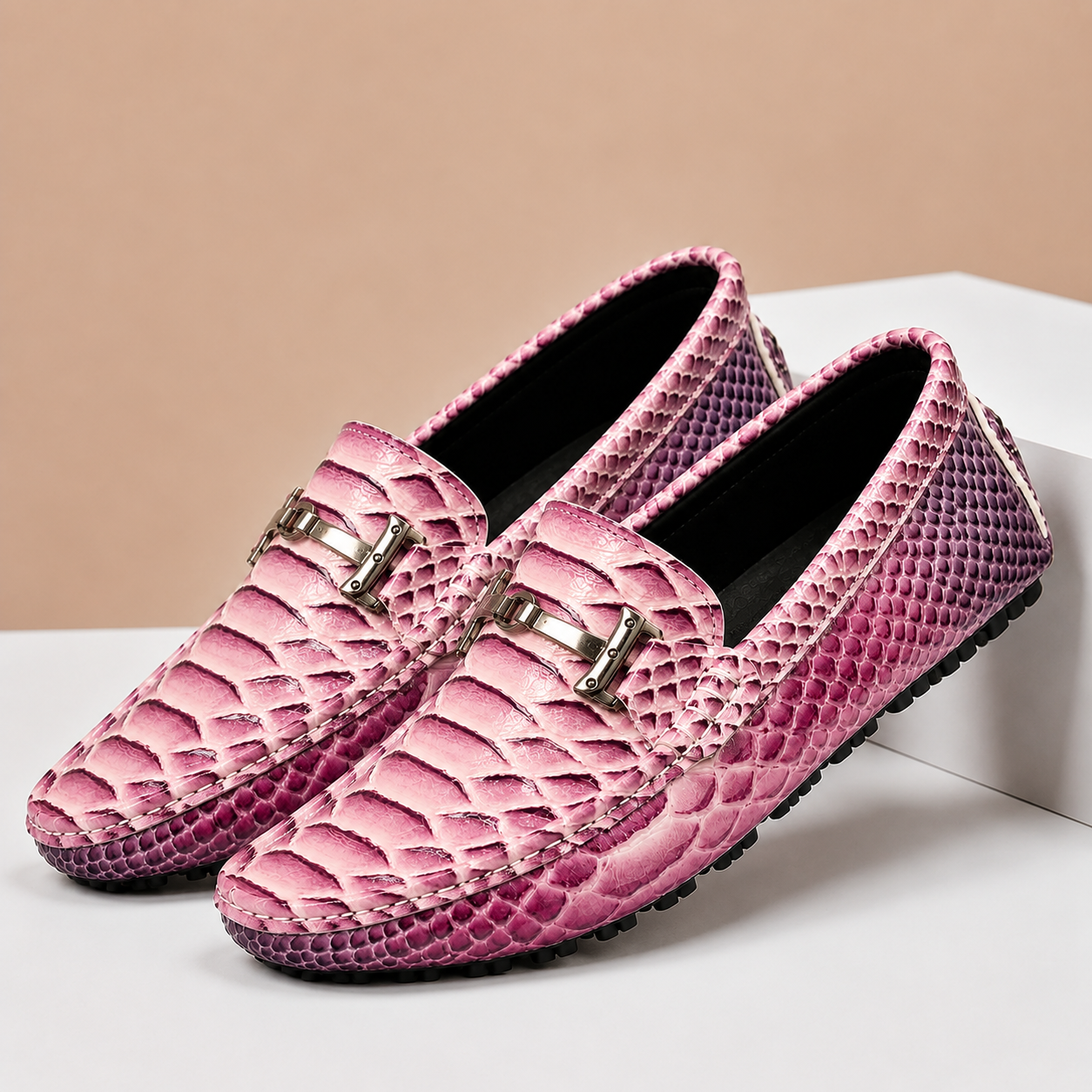 Men's Genuine Leather Embossed Slip-On Loafers in Pink – side view | Hensley London
