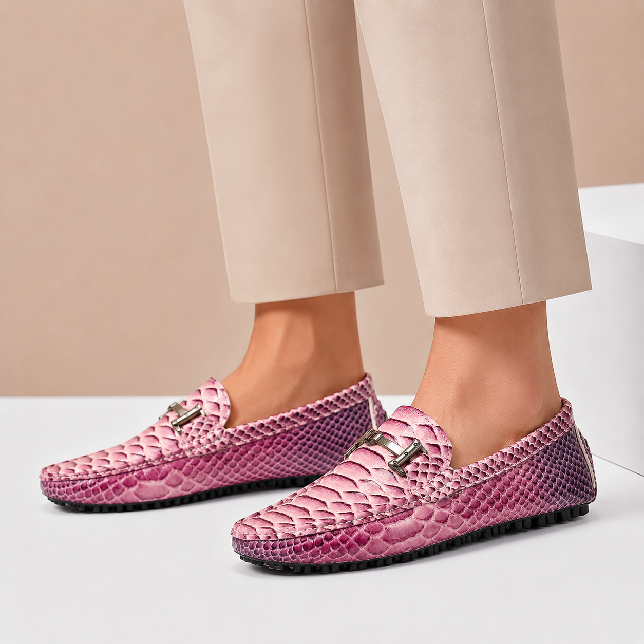 Men's Genuine Leather Embossed Slip-On Loafers in Pink – detail view | Hensley London