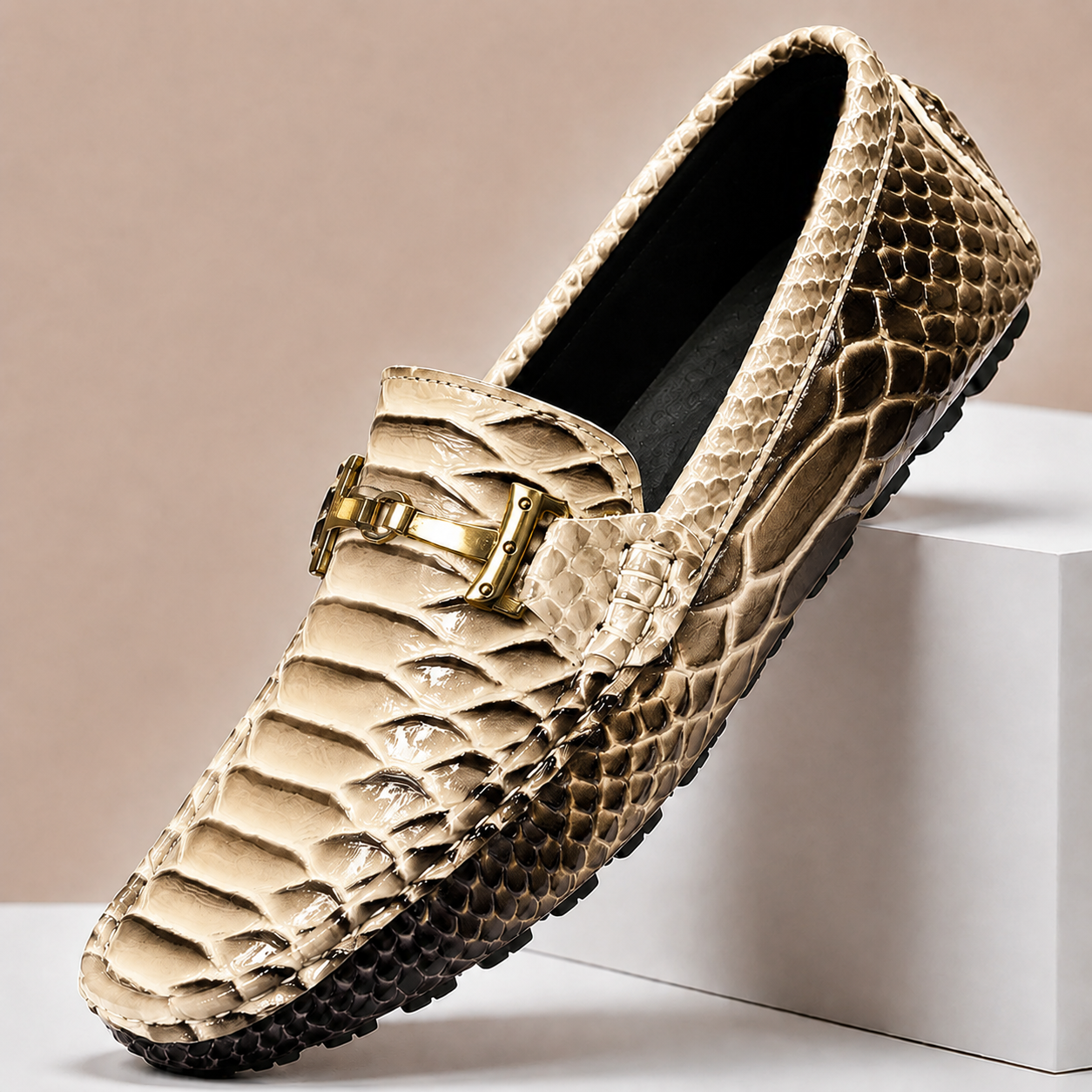 Men's Genuine Leather Embossed Slip-On Loafers in White – front view | Hensley London