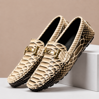 Men's Genuine Leather Embossed Slip-On Loafers in White – side view | Hensley London