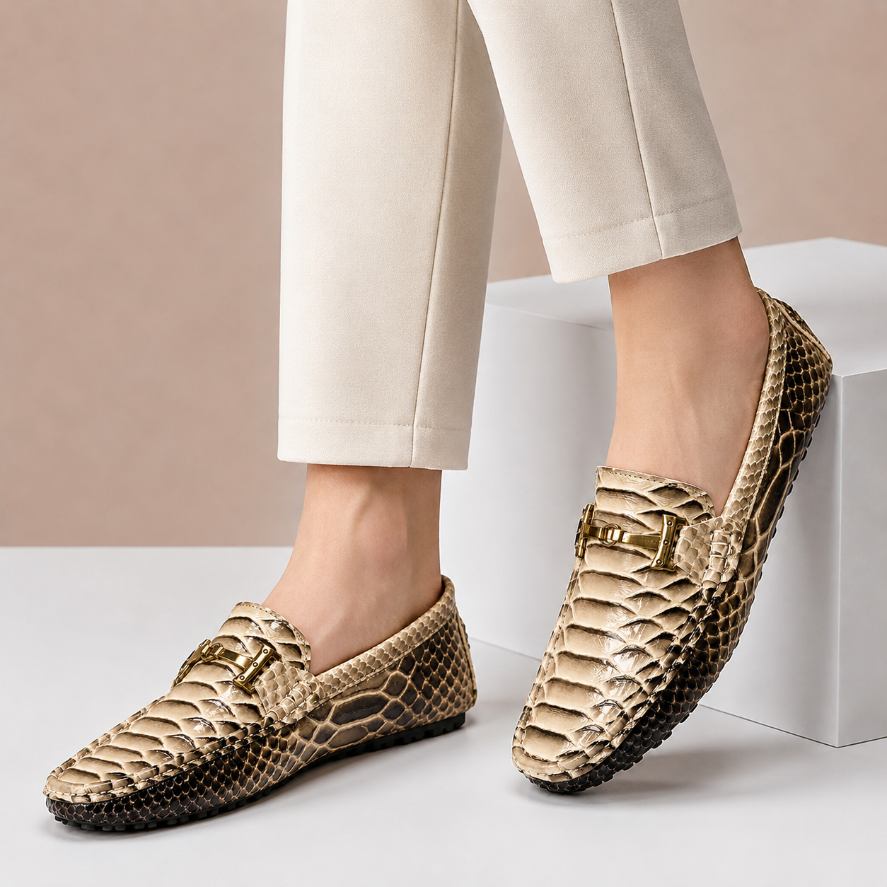 Men's Genuine Leather Embossed Slip-On Loafers in White – detail view | Hensley London