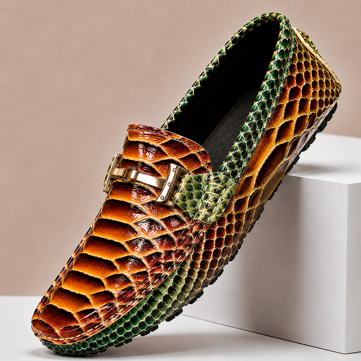 Men's Genuine Leather Embossed Slip-On Loafers in Brown – front view | Hensley London