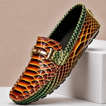 Men's Genuine Leather Embossed Slip-On Loafers in Brown – front view | Hensley London