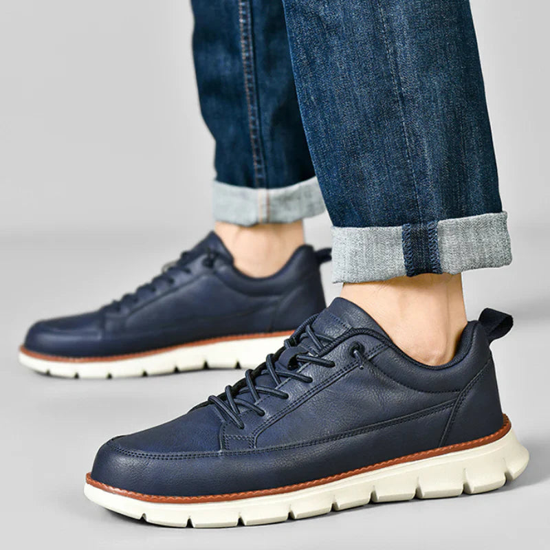 Men's Leather Low-Top Sneakers in Black – side view | Hensley London