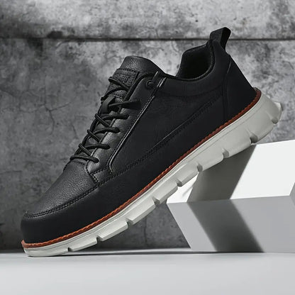 Men's Leather Low-Top Sneakers in White – side view | Hensley London