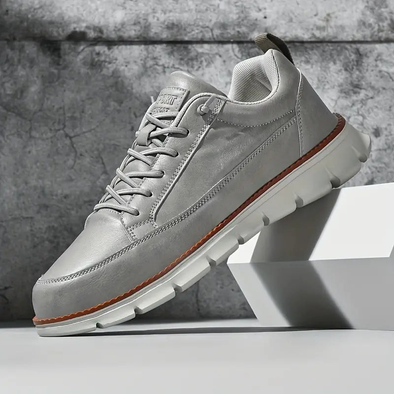 Men's Leather Low-Top Sneakers in Gray – side view | Hensley London
