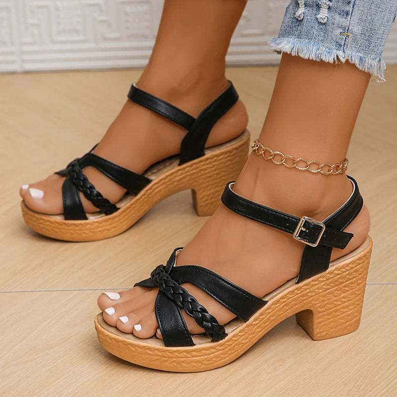 Women's Braided-Strap Block-Heel Sandals – product view | Hensley London
