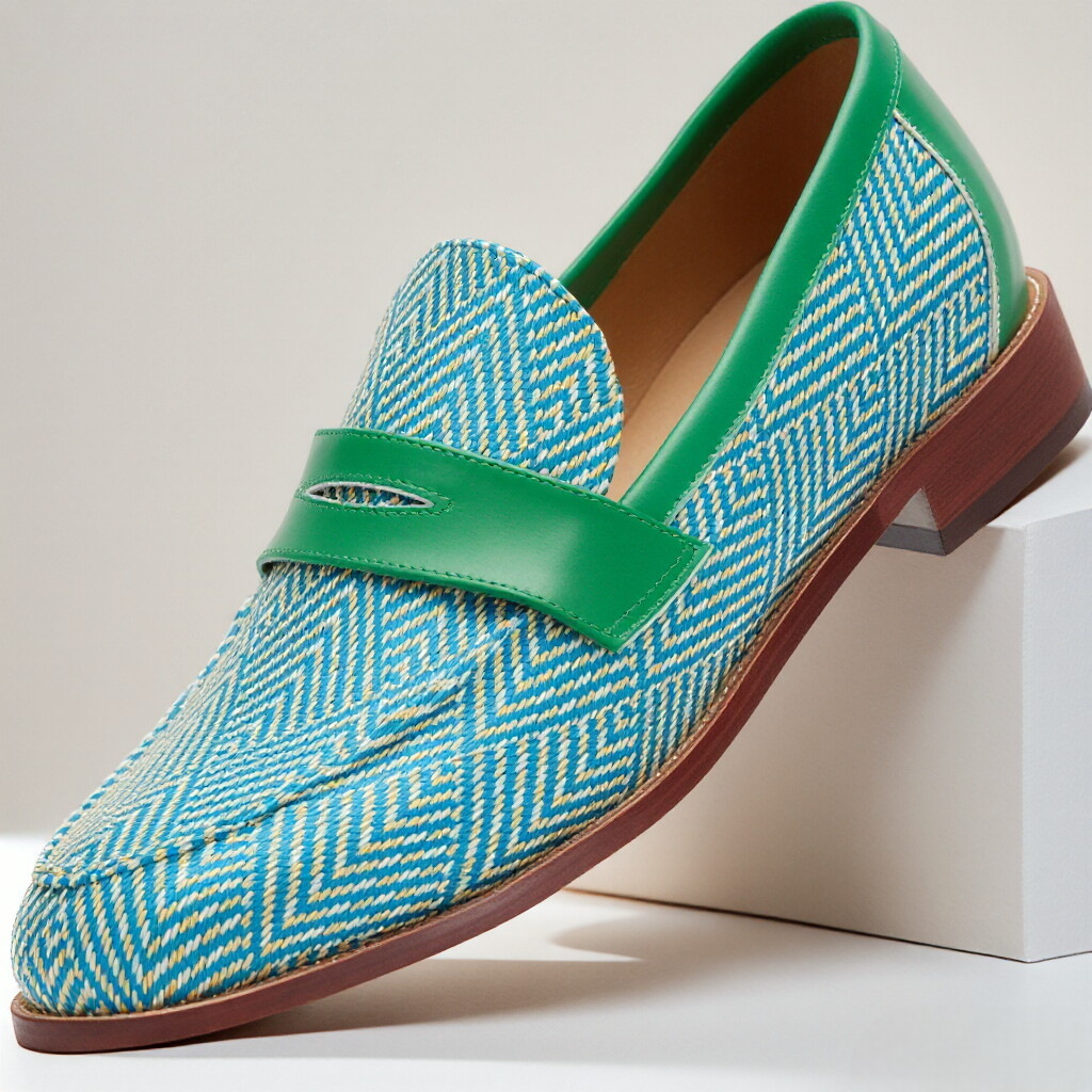 Men's Multicolour Woven Slip-On Loafers in Green - additional view 2 | Hensley London