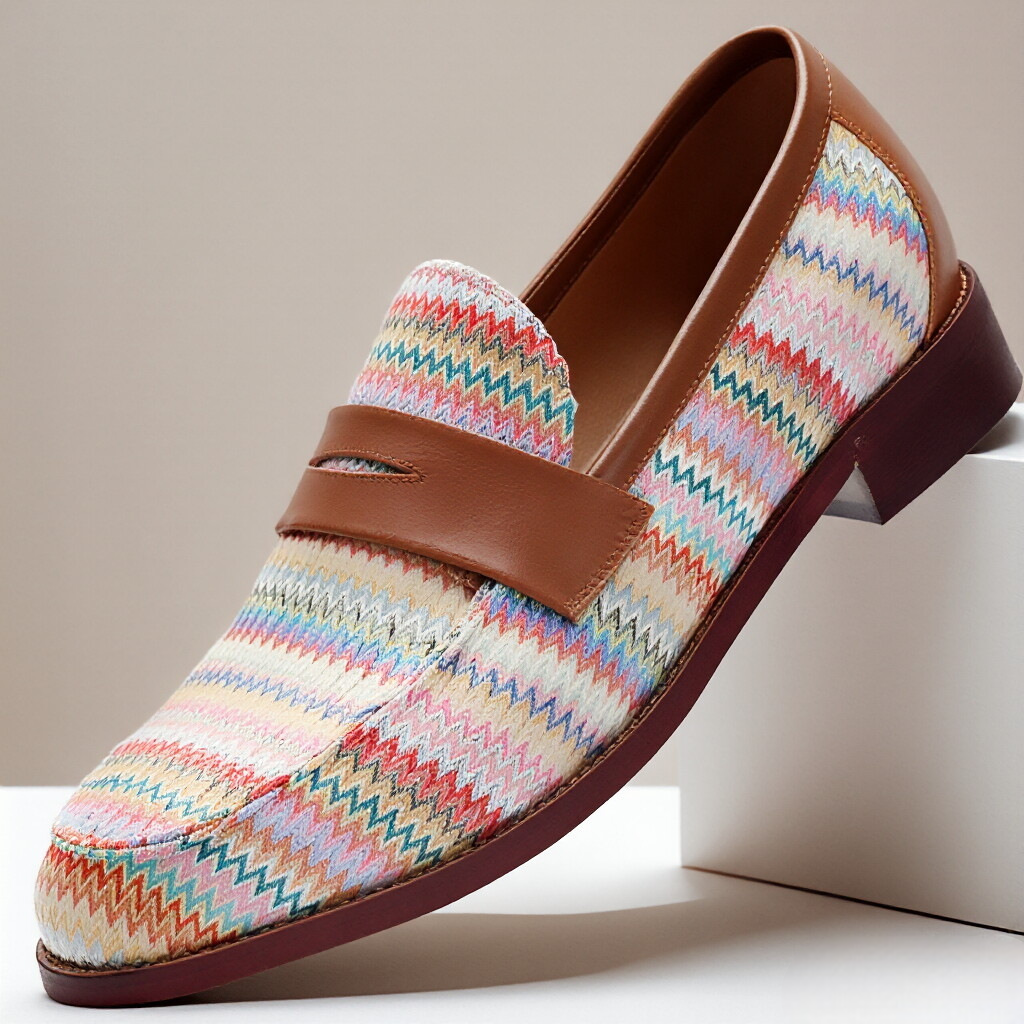 Men's Multicolour Woven Slip-On Loafers in Ivory Mosaic - additional view 4 | Hensley London