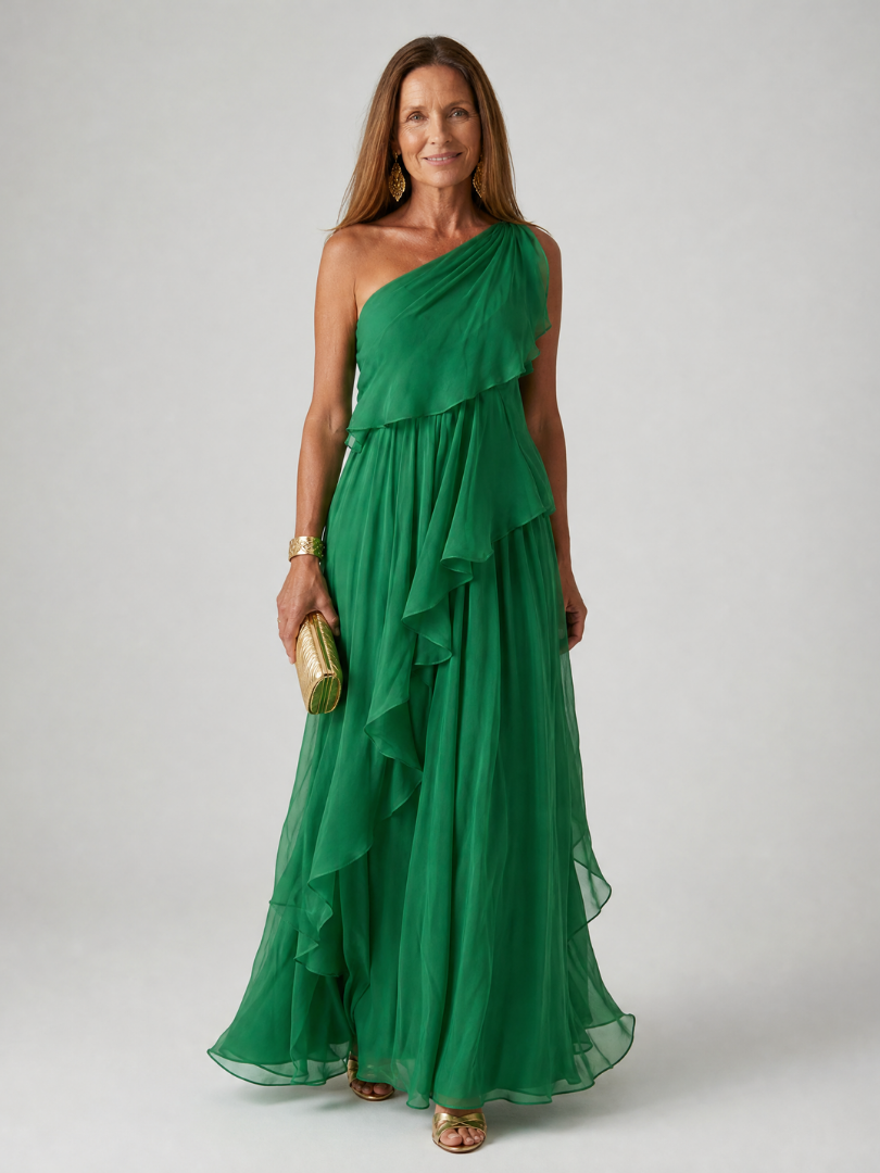 Women's One-Shoulder Ruffle Maxi Dress – main view | Hensley London