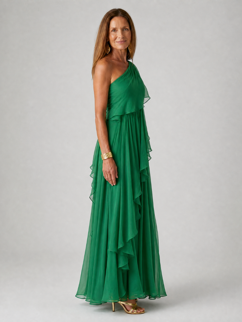 Women's One-Shoulder Ruffle Maxi Dress – detail view | Hensley London