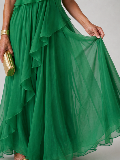 Women's One-Shoulder Ruffle Maxi Dress – detail view | Hensley London