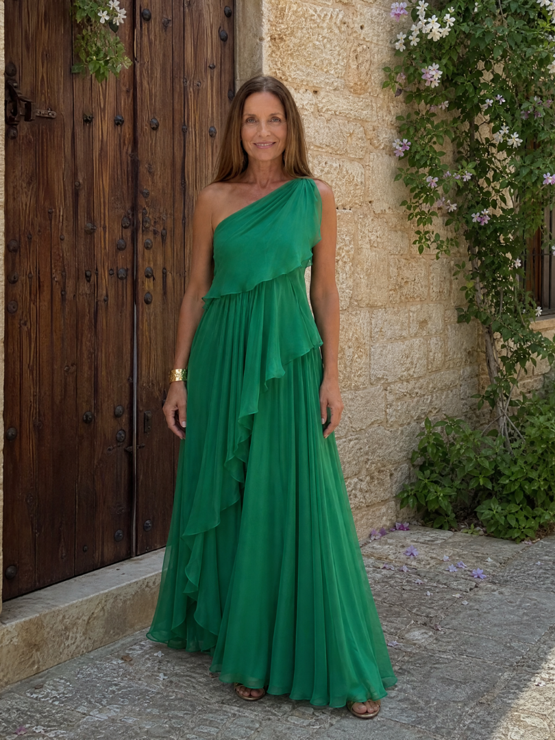 Women's One-Shoulder Ruffle Maxi Dress – detail view | Hensley London