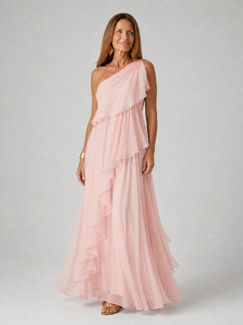 Women's One-Shoulder Ruffle Maxi Dress – detail view | Hensley London