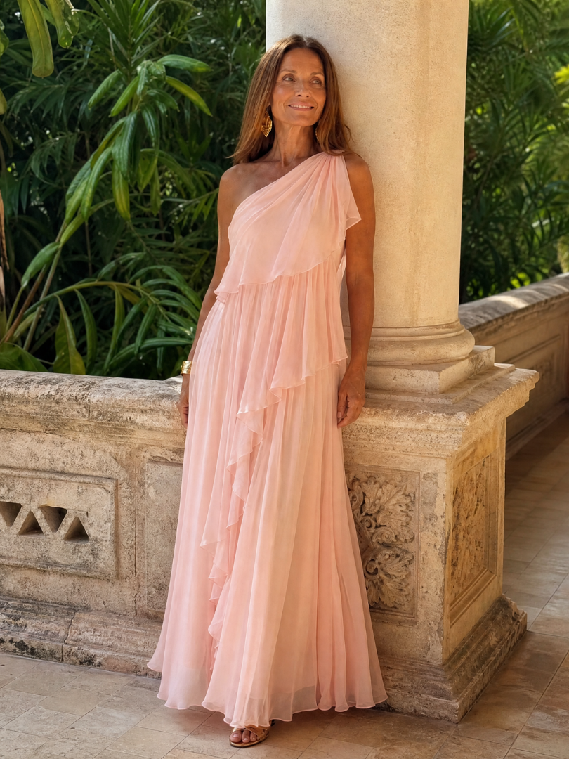 Women's One-Shoulder Ruffle Maxi Dress – detail view | Hensley London