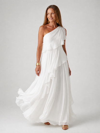 Women's One-Shoulder Ruffle Maxi Dress – detail view | Hensley London