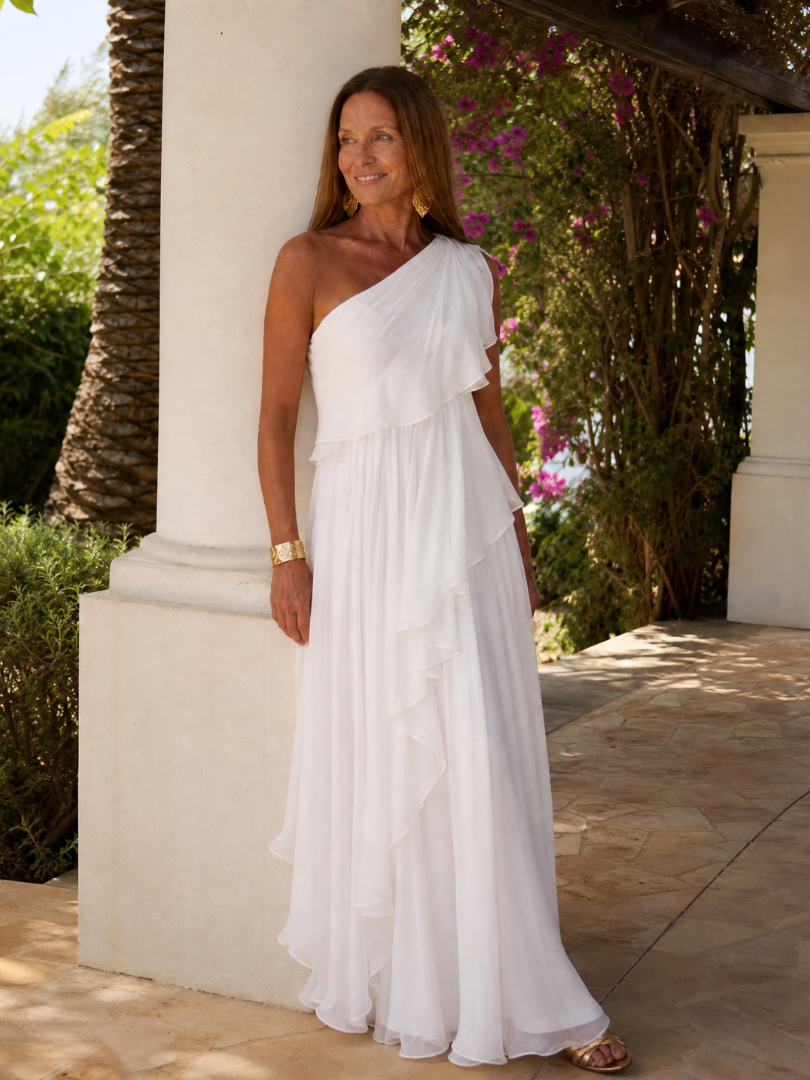 Women's One-Shoulder Ruffle Maxi Dress – detail view | Hensley London
