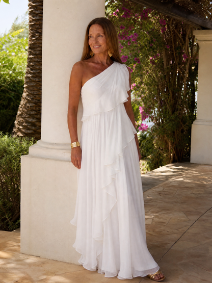 Women's One-Shoulder Ruffle Maxi Dress – detail view | Hensley London