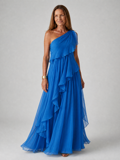 Women's One-Shoulder Ruffle Maxi Dress – detail view | Hensley London