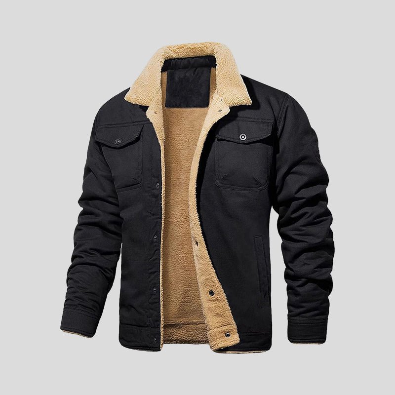 Men's Fleece-Lined Jacket with Contrast Collar in Black – front product view | Hensley London