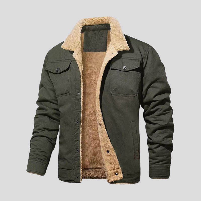 Men's Fleece-Lined Jacket with Contrast Collar in Green – front product view | Hensley London
