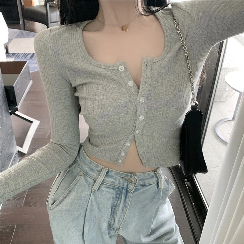 Trendy Fit Cozy O-neck Knitted Button-Up Long Sleeve Crop Top Sweaters 0