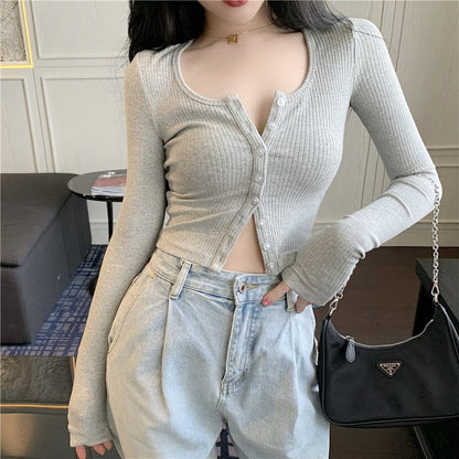 Trendy Fit Cozy O-neck Knitted Button-Up Long Sleeve Crop Top Sweaters 5