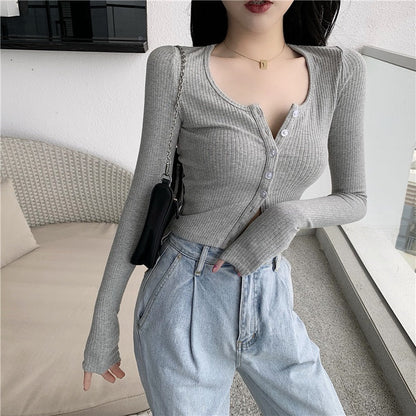 Trendy Fit Cozy O-neck Knitted Button-Up Long Sleeve Crop Top Sweaters 6