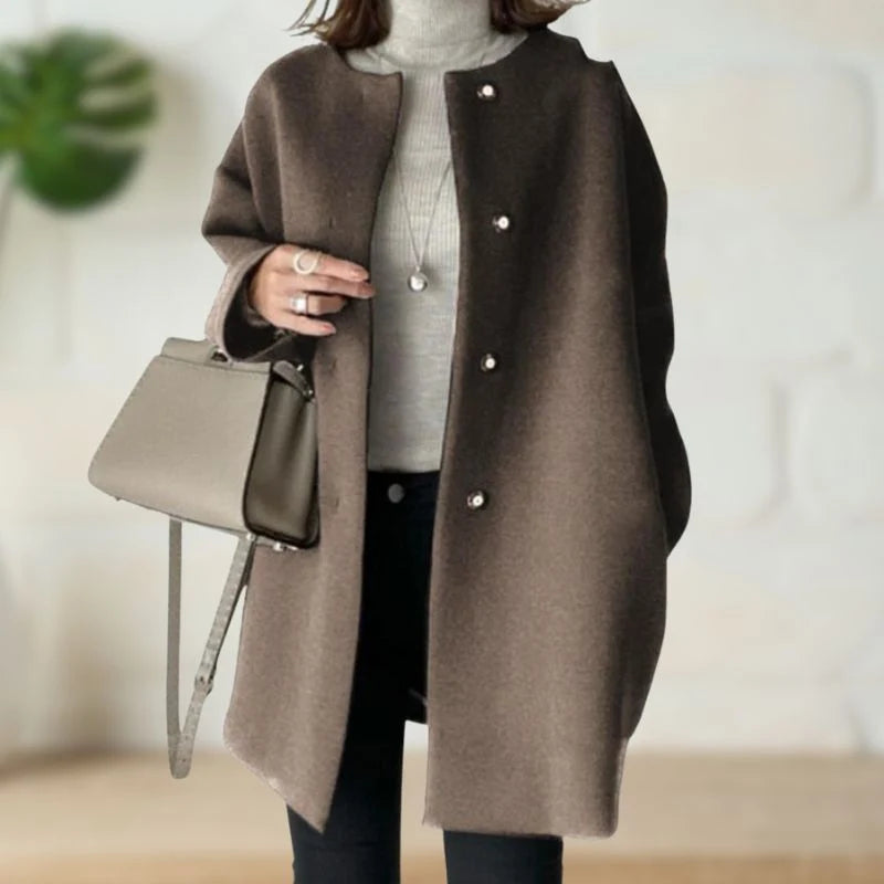 Women's Collarless Button-Front Mid-Length Coat in Coffee – product view 2 | Hensley London