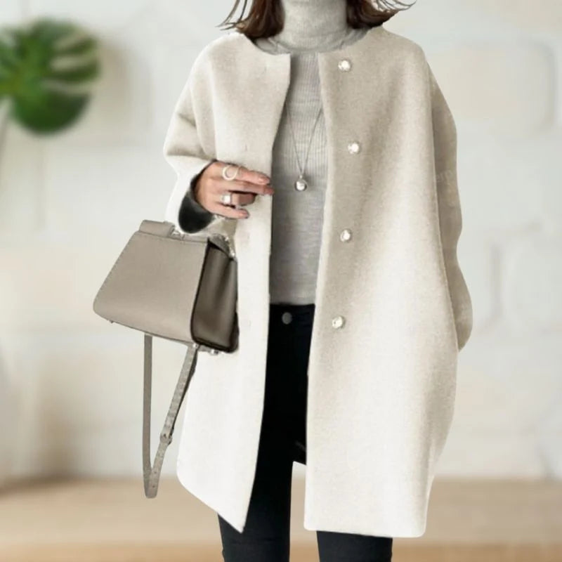Women's Collarless Button-Front Mid-Length Coat in Apricot – product view 3 | Hensley London