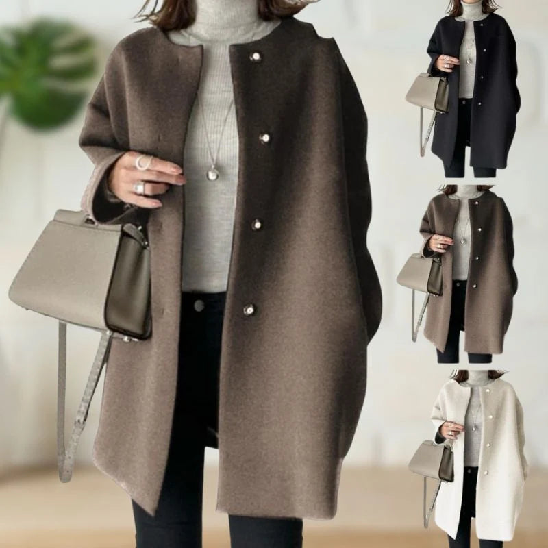 Women's Collarless Button-Front Mid-Length Coat in available colours – product view 4 | Hensley London