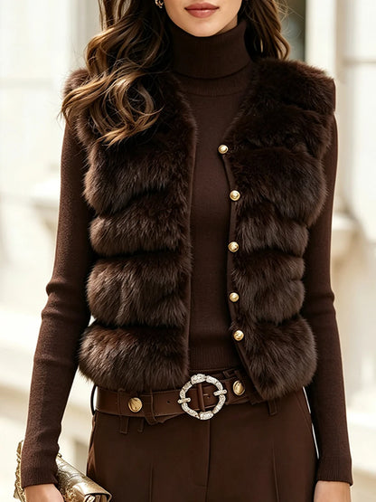 Women's Turtleneck Sweater and Faux Fur Vest Set in Brown – product view | Hensley London