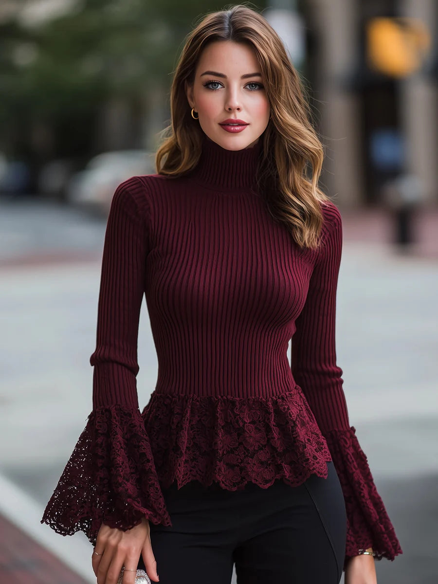 Women's Lace-Peplum Ribbed Turtleneck Sweater – additional product view | Hensley London