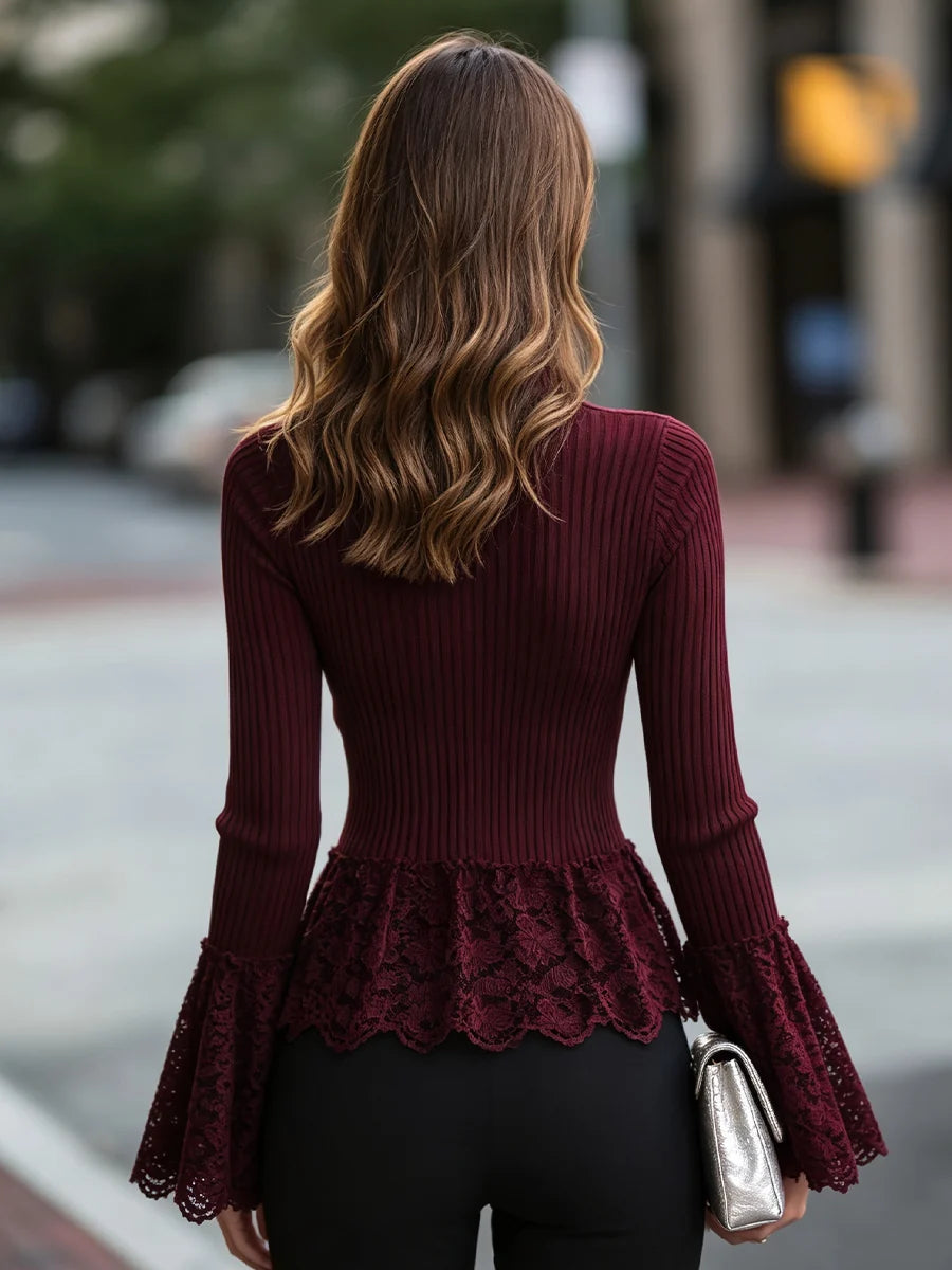 Women's Lace-Peplum Ribbed Turtleneck Sweater – additional product view | Hensley London