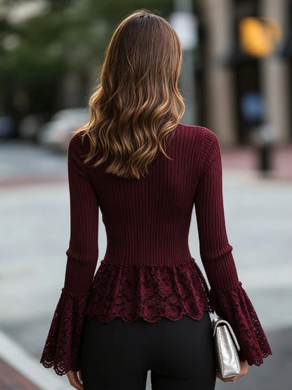 Women's Lace-Peplum Ribbed Turtleneck Sweater – additional product view | Hensley London