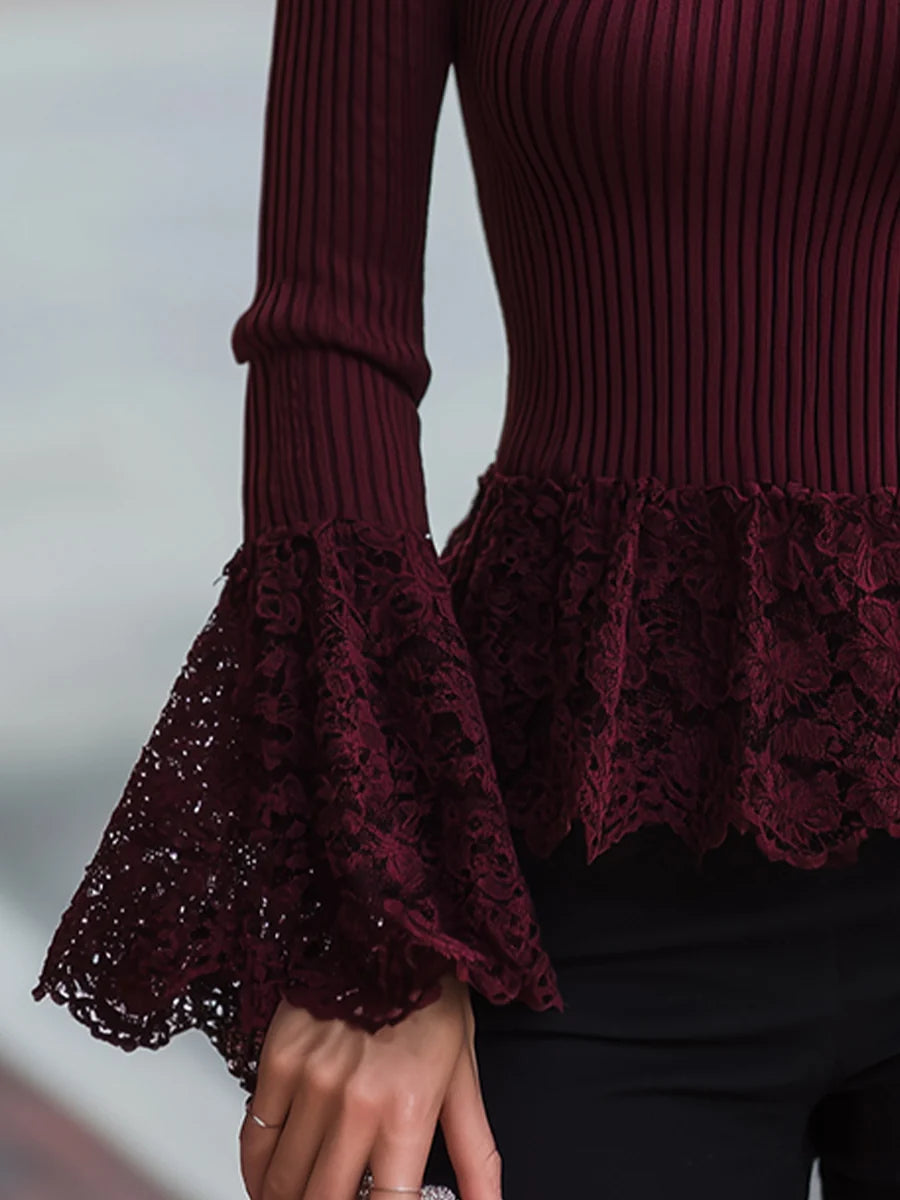 Women's Lace-Peplum Ribbed Turtleneck Sweater – additional product view | Hensley London