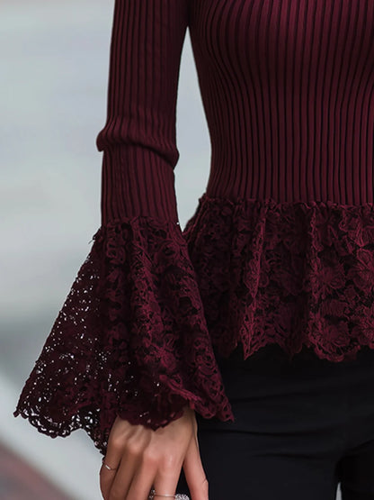 Women's Lace-Peplum Ribbed Turtleneck Sweater – additional product view | Hensley London