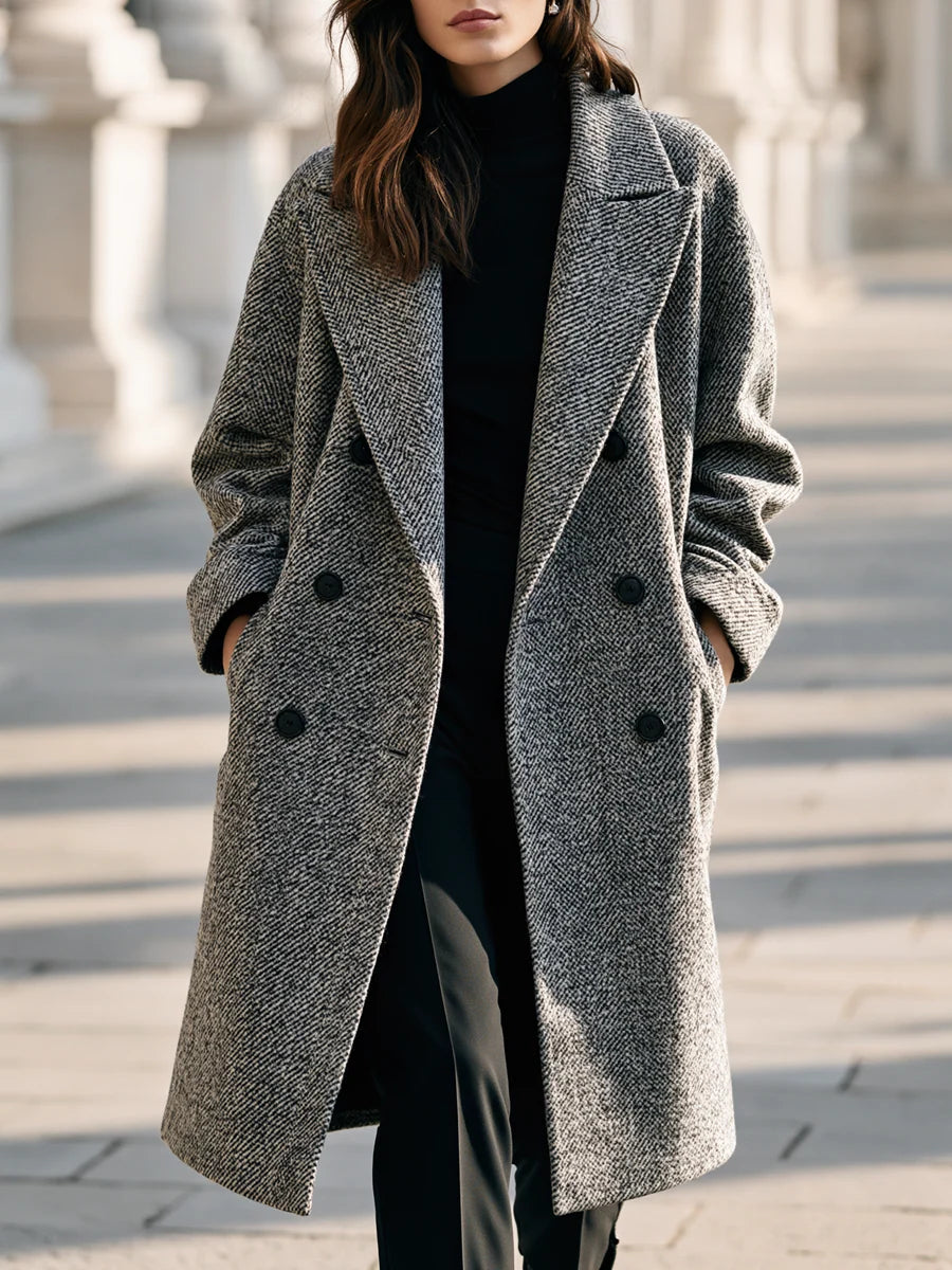 Women's Textured Double-Breasted Longline Coat in Gray – product view | Hensley London