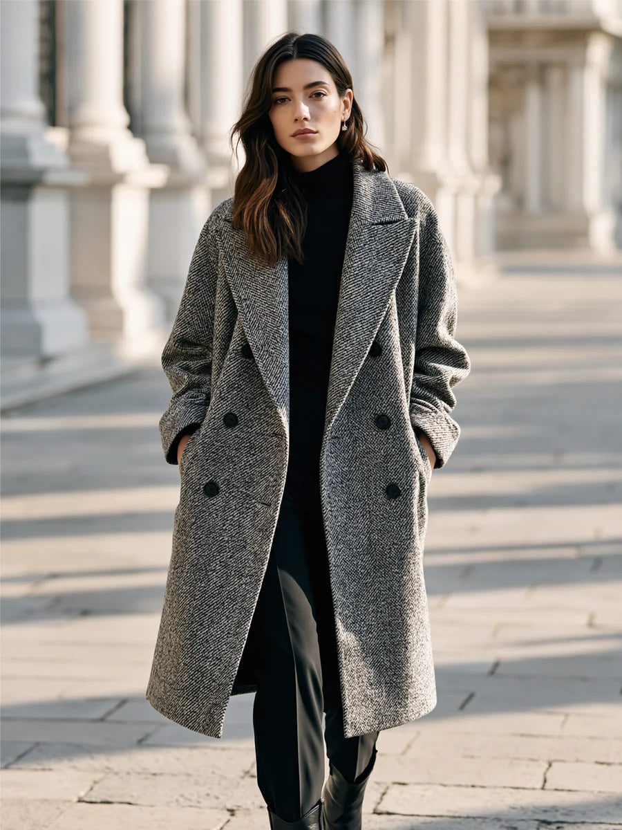 Women's Textured Double-Breasted Longline Coat in Gray – product view | Hensley London