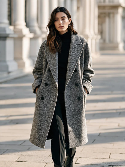 Women's Textured Double-Breasted Longline Coat in Gray – product view | Hensley London