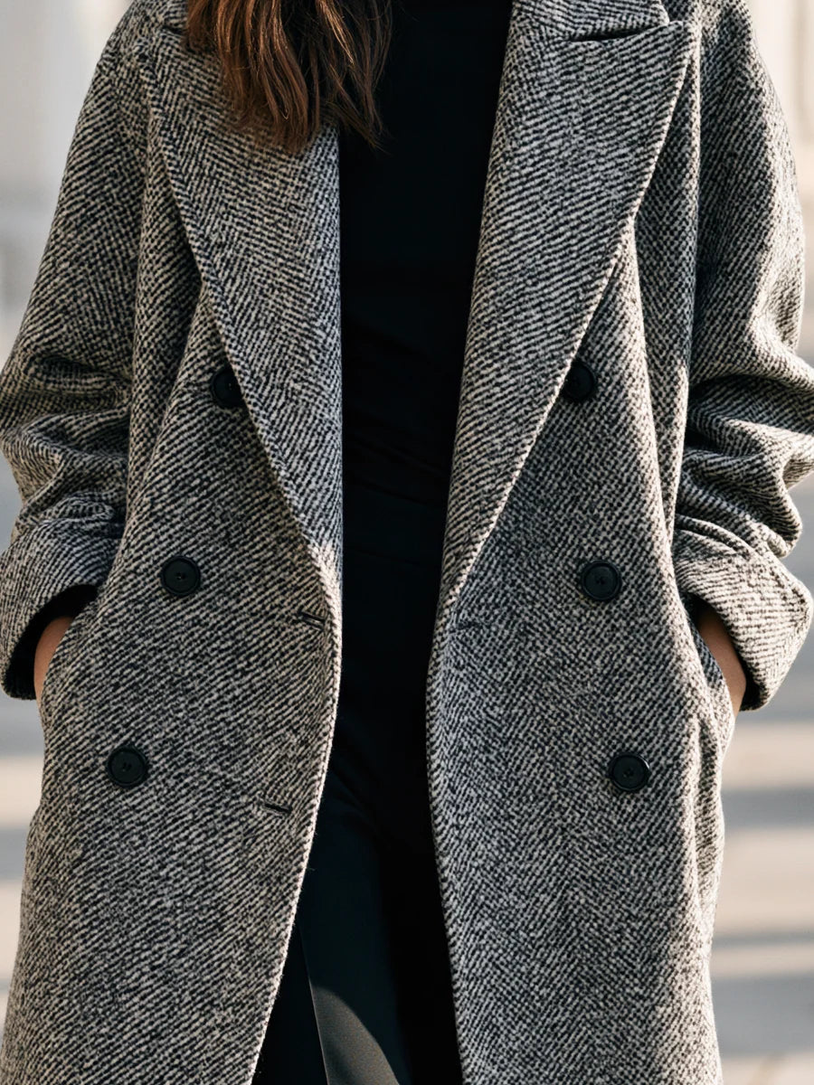 Women's Textured Double-Breasted Longline Coat in Gray – product view | Hensley London