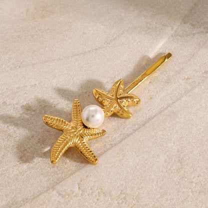 Twin Starfish Freshwater Pearl French Pin – Hypoallergenic 18k Gold-Plated Hair Accessory 4