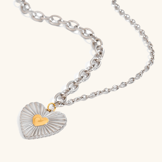 Two-Tone Heart Pendant Necklace – Silver and Gold Stainless Steel, Hypoallergenic, 17-Inch Chain 0