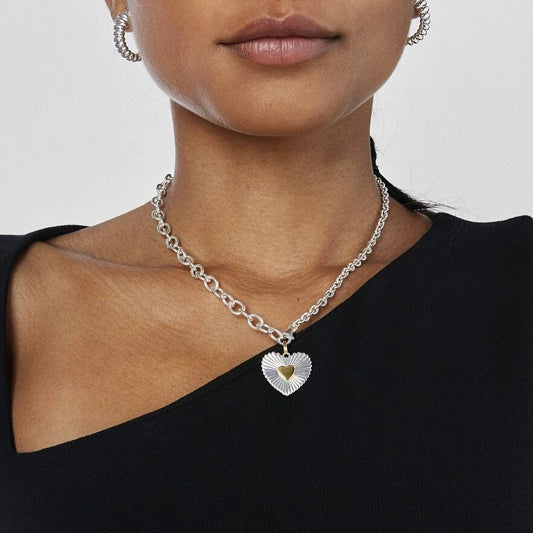 Two-Tone Heart Pendant Necklace – Silver and Gold Stainless Steel, Hypoallergenic, 17-Inch Chain 1