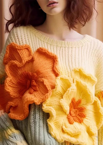 Women's Sweater Apricot Floral Cotton Knit Long Sleeve - 3