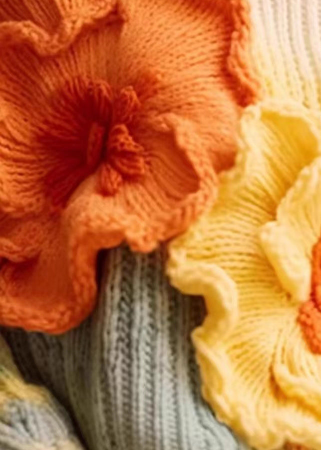 Women's Sweater Apricot Floral Cotton Knit Long Sleeve - 5